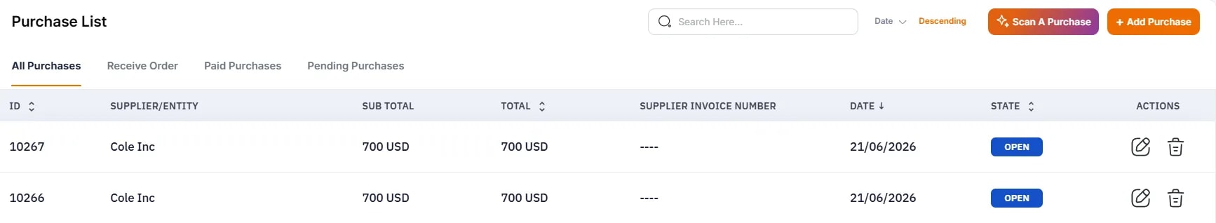 AI Receipt and Invoice Scanning, Scanning a purchase invoiceAccessing the scannerGo to Purchases in the left sidebar (under FINANCIAL).On the Purchase List page, click the Scan a Purchase button (near the search bar at the top).The AI assistant sidebar opens on the right.The AI sidebarThe sidebar shows:VIGGO AI avatar and greeting: “Hello I’m VIGGO AI, Your AI assistant. I’ll help you extract purchase details.”Instructions: “Please upload a photo of the purchase and I’ll scan it for you.”Upload area: Drag and drop zoneBrowse Photo buttonHow to scanUpload the supplier invoice (photo or file).The AI processes the document and extracts: Supplier/vendor name Invoice number Date Line items with quantities and prices Matching items to your inventory (when possible) Total amount Tax amountsThe extracted data pre-fills the purchase form with items matched to your inventory.Review the parsed information.Verify item matching is correct.Click Save to create the purchase.The purchase then updates your inventory stock levels automatically upon receiving.Scanning an expense receiptAccessing the scannerGo to Expenses in the left sidebar (under FINANCIAL).On the Expense List page, click the Scan Expense button (near the search bar at the top).The AI assistant sidebar opens on the right.The AI sidebarThe sidebar shows:VIGGO AI avatar and greeting: “Hello I’m VIGGO AI, Your AI assistant. I’ll help you extract expense details.”Instructions: “Please upload a photo of the expense and I’ll scan it for you.”Upload area: Drag and drop zone with a cloud iconBrowse Photo button: Select a file from your computerHow to scanEither drag and drop the receipt onto the upload area, or click Browse Photo to select the file.The AI processes the image and extracts: Vendor/supplier name Date of the expense Individual line items Amounts and totals Payment method (if visible) Category (if identifiable)The extracted data pre-fills the expense form.Review the parsed information.Correct any details if needed.Click Save to create the expense entry.Supported file formats:FormatBest forJPG/ PNGPhone photos of receipts, screenshotsPDFDigital invoices received via emailTips for better scanning resultsTipWhyCapture the photo in good lightingShadows and glare reduce accuracyKeep the receipt flat, not crumbled and in a good condition overallWrinkles distort textCapture the entire documentCropped edges mean missing dataUse digital PDFs when availableMuch higher accuracy than photos of printoutsMake sure the text is legibleFaded thermal receipts are harder to parse Purchase scanning Vs. Expense scanningPurchase ScanningExpense ScanningFound inPurchases listExpenses listCreatesPurchase order/receiptExpense entry (petty cash)Updates inventoryYes (upon receiving)NoItem matchingMatches to inventory itemsCategorizes by expense typeUsed forSupplier invoices for stockRent, utilities, office supplies, mealsWhat to do if something goes wrongAI not extracting all line items: The receipt may have low contrast or small text. Try a clearer photo or zoom in on the relevant section. Multi-page invoices may need to be uploaded page by page.Wrong amounts parsed: Verify the numbers manually. The AI can sometimes misread similar-looking digits (1/7, 6/8) on thermal prints. Edit the pre-filled values before saving.Vendor not matching: If the AI extracts a vendor name that does not match your existing suppliers, you may need to select the correct business from the dropdown manually.Items not matching to inventory: For purchases, the AI attempts to match line items to your inventory. If item names on the supplier invoice differ significantly from your inventory item names, you will need to manually select the correct items.File upload not working: Ensure the file is in a supported format (JPG, PNG, or PDF). Very large files may timeout. Try reducing the image size or uploading individual pages.Note: Contact the viggoVet help if any of these problems persist after following the instructions.