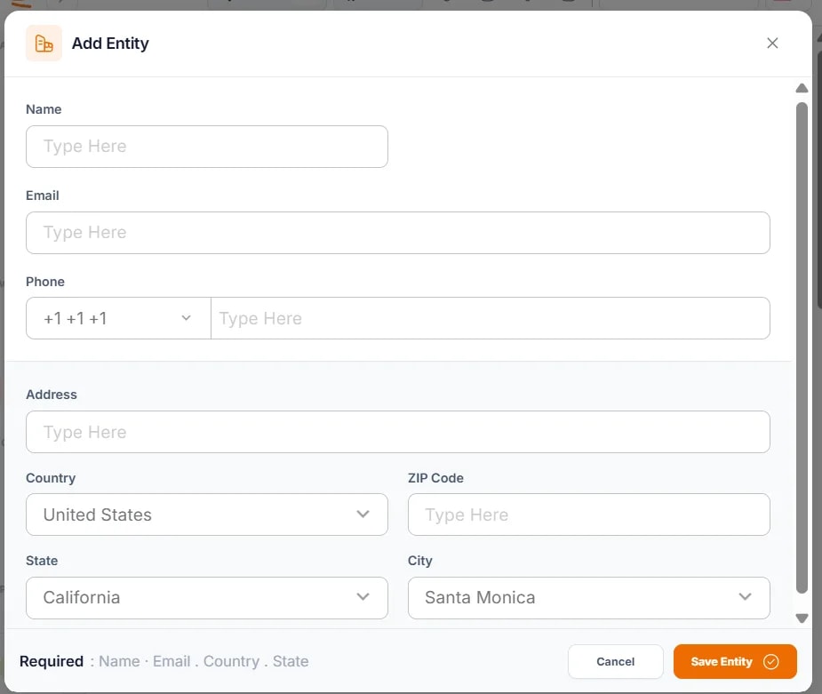Businesses, Adding Entity’s Information Table: