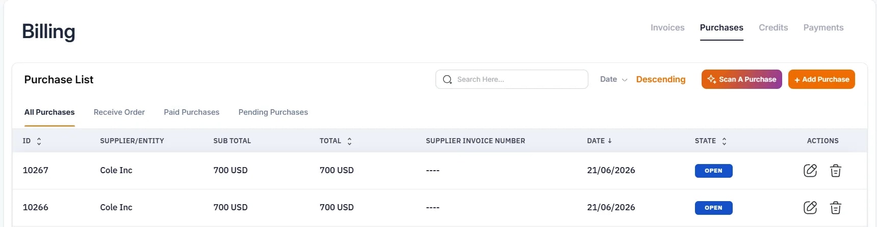 Businesses, Billing Tab