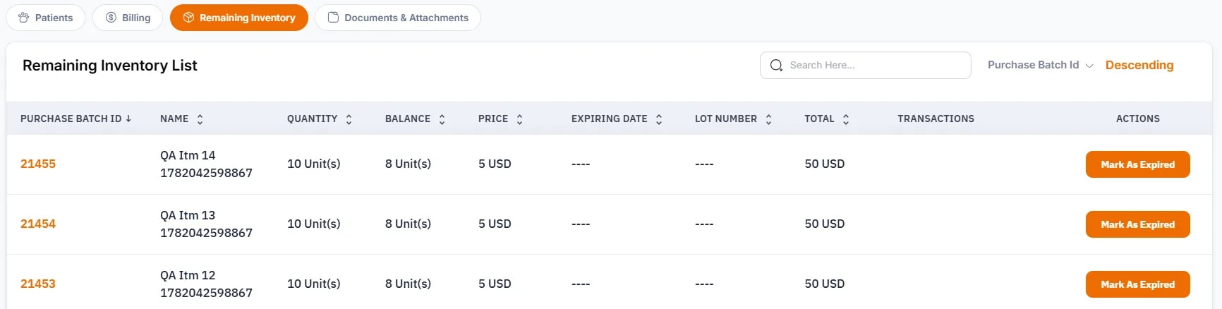 Businesses, Remaining Inventory Tab