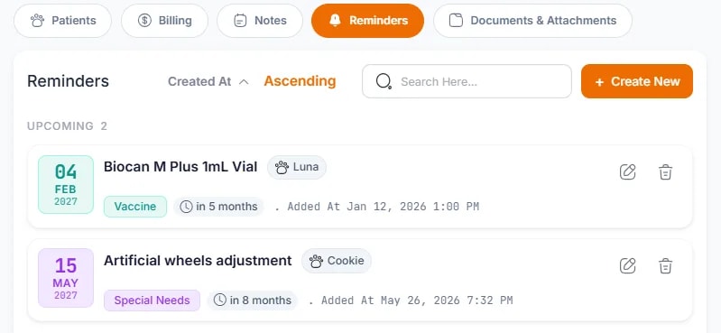 Client and Patient Reminders, Viewing reminders on a client profile