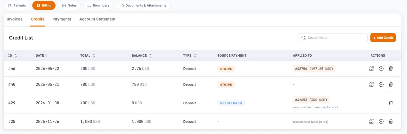 Client Profiles, Credits sub-tab