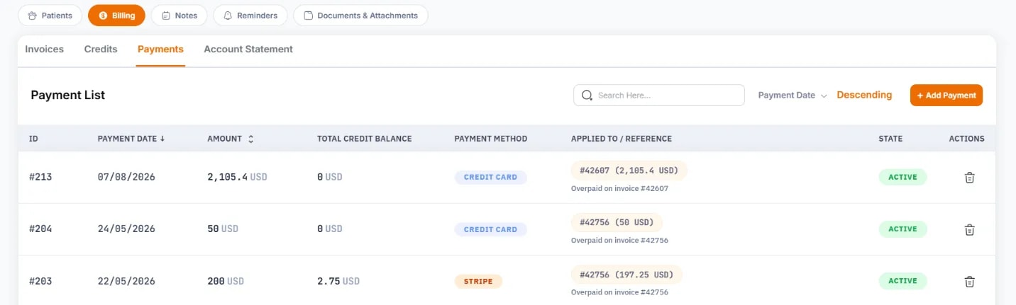Client Profiles, Payments sub-tab
