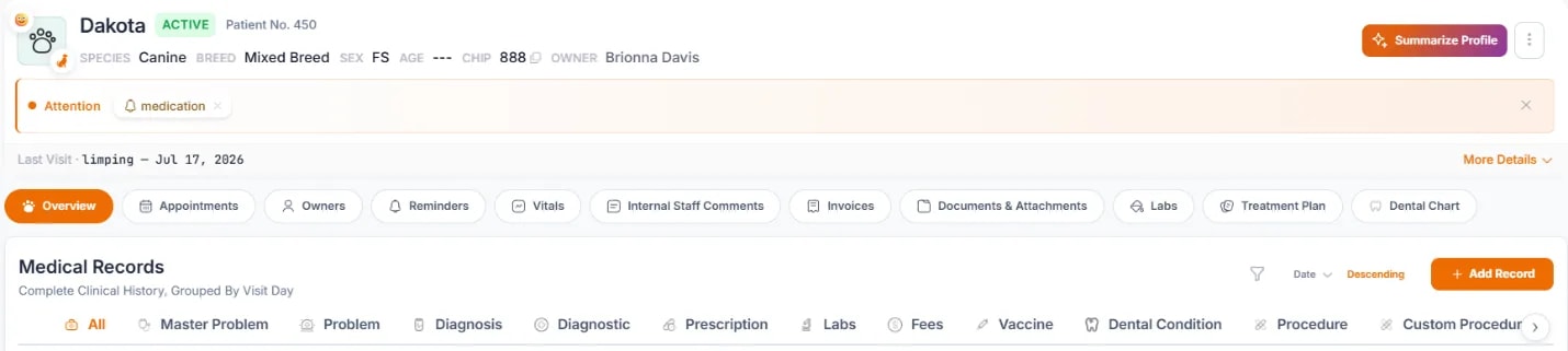 Creating a Medical Note, Opening the Add Record form