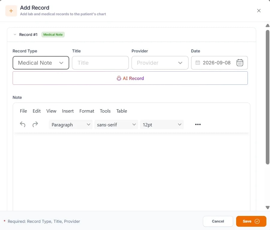 Creating a Medical Note, The Add Record modal