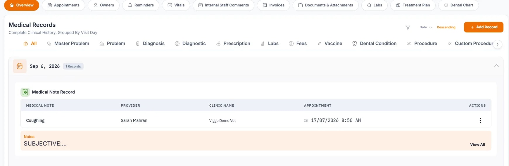 Creating a Medical Note, Viewing records on the patient profile