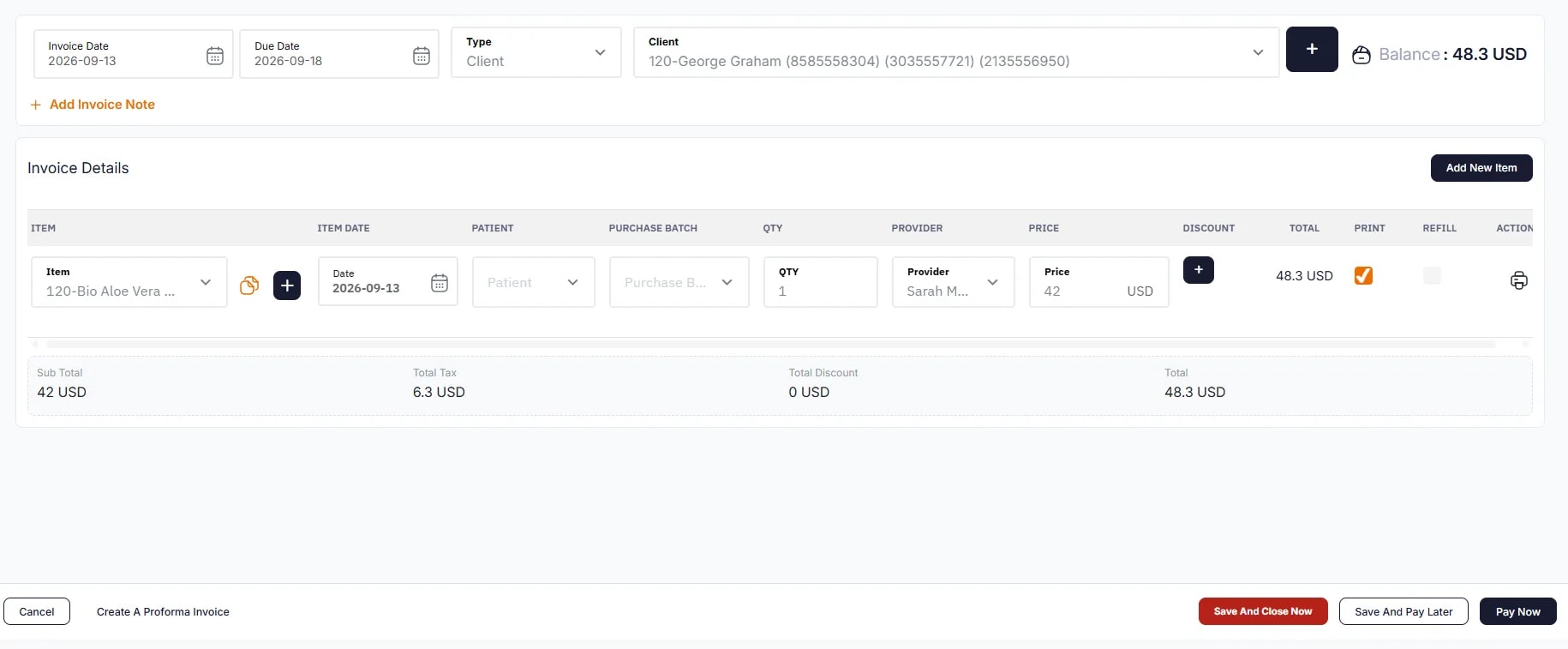 Invoice Creation, Invoice Creation page layout