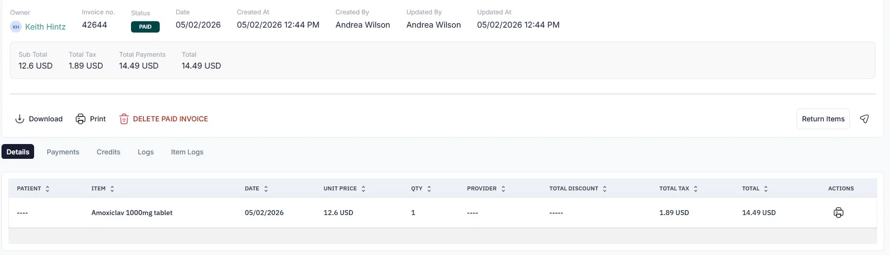 Invoice Types and Statuses, Invoice detail page