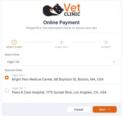 Online Payment, Step 1: Choose clinic