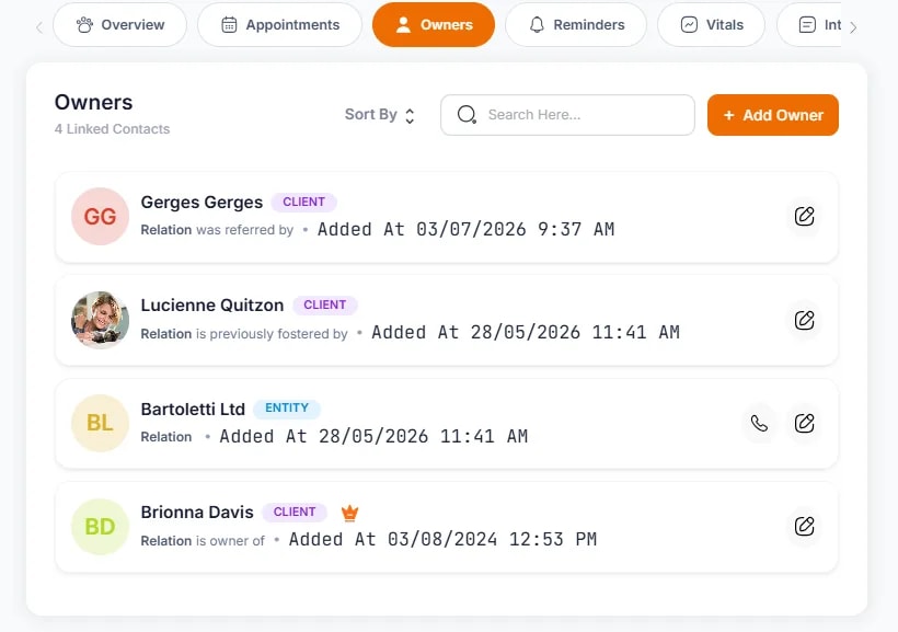 Patient Owners and Relationships, Opening the Owners Tab
