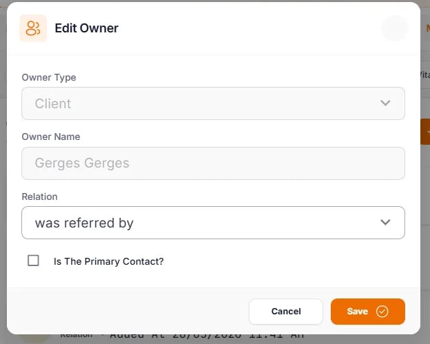 Patient Owners and Relationships, Setting a Client as the Primary Contact: