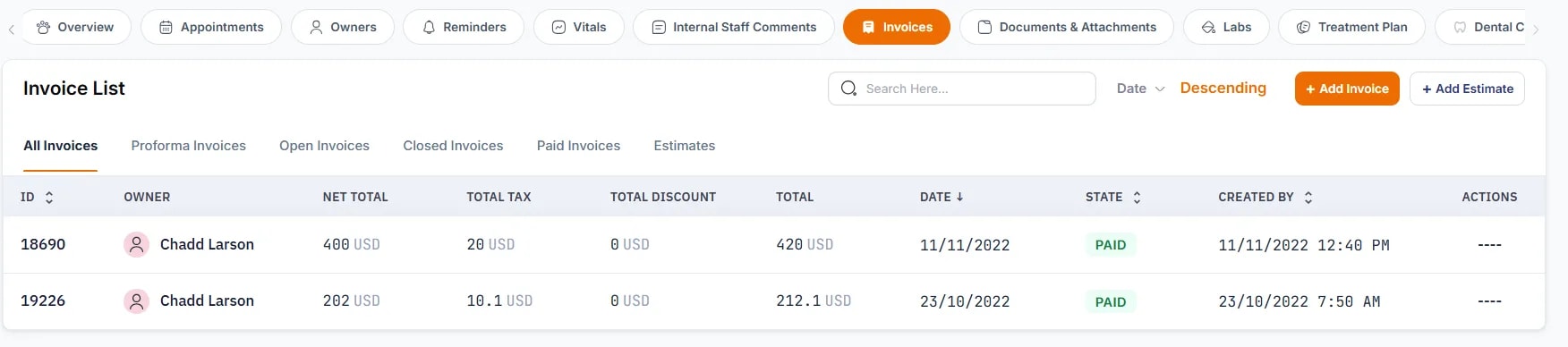 Patient Profiles, Invoices: