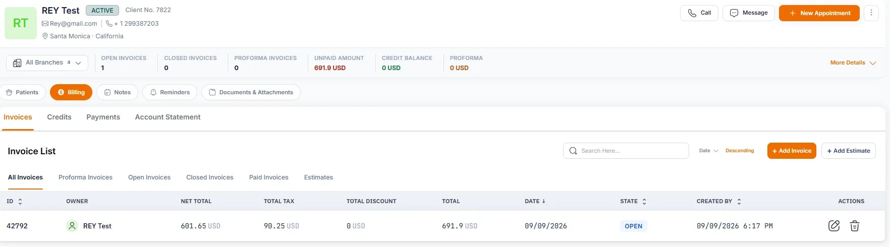 Payments and Receipts, From the client’s Billing tab