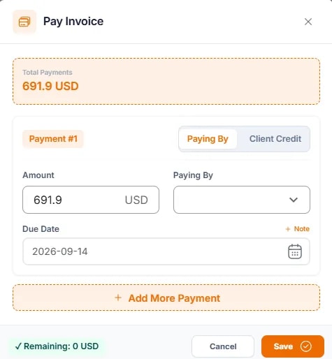 Payments and Receipts, Pay Invoice modal (from invoice)