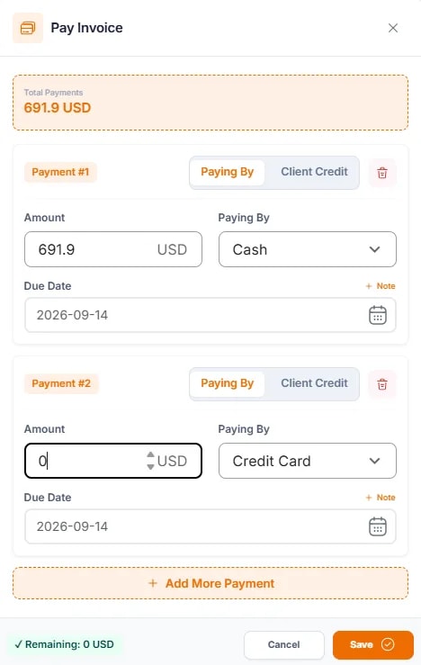 Payments and Receipts, Splitting a payment