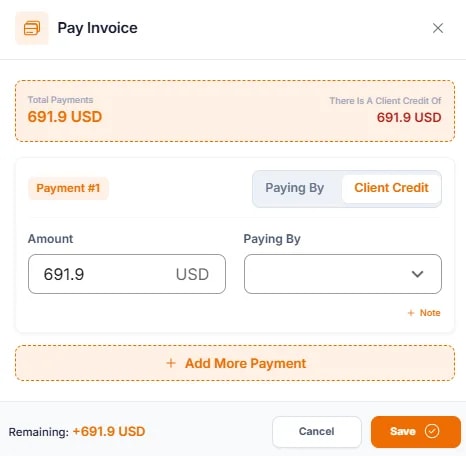 Payments and Receipts, Paying with client credit