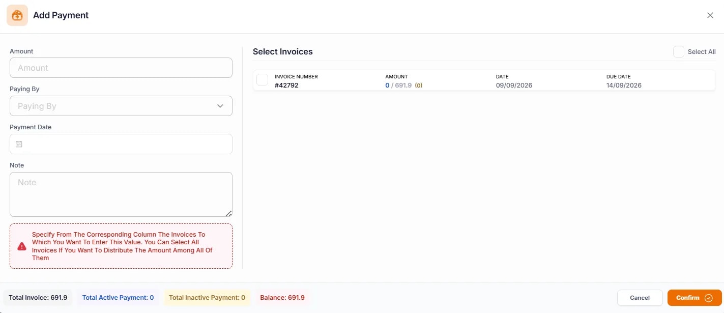 Payments and Receipts, Add Payment page (from client Billing tab)