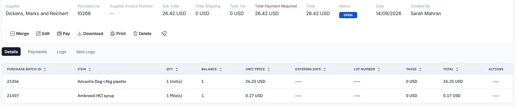 Purchases, Purchase detail page