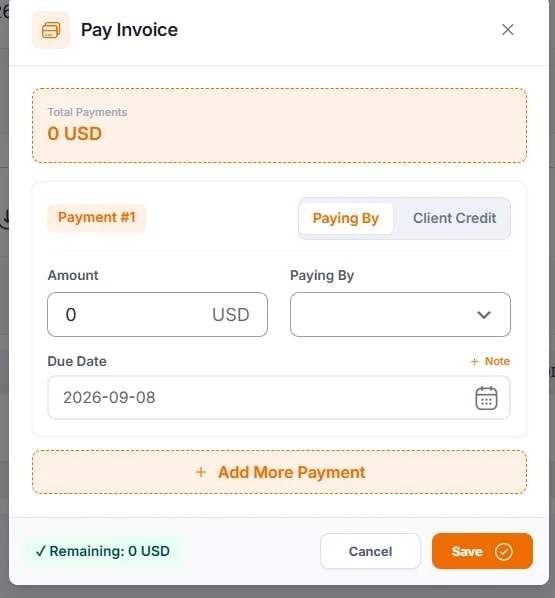 Recording a Payment, The payment modal