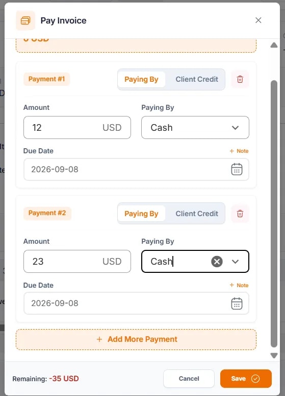 Recording a Payment, The payment modal