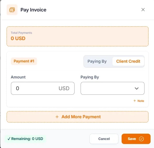 Recording a Payment, Paying with client credit