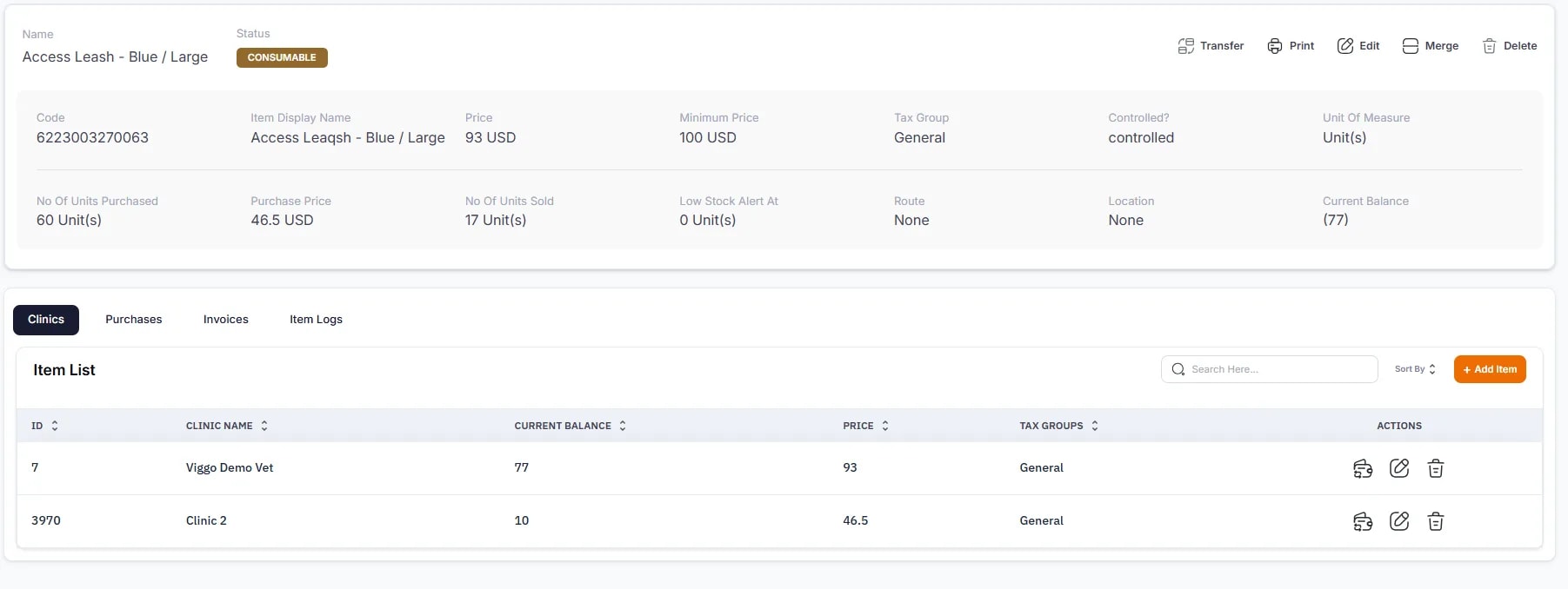 Stock Adjustments and Transfers, Viewing stock across clinics