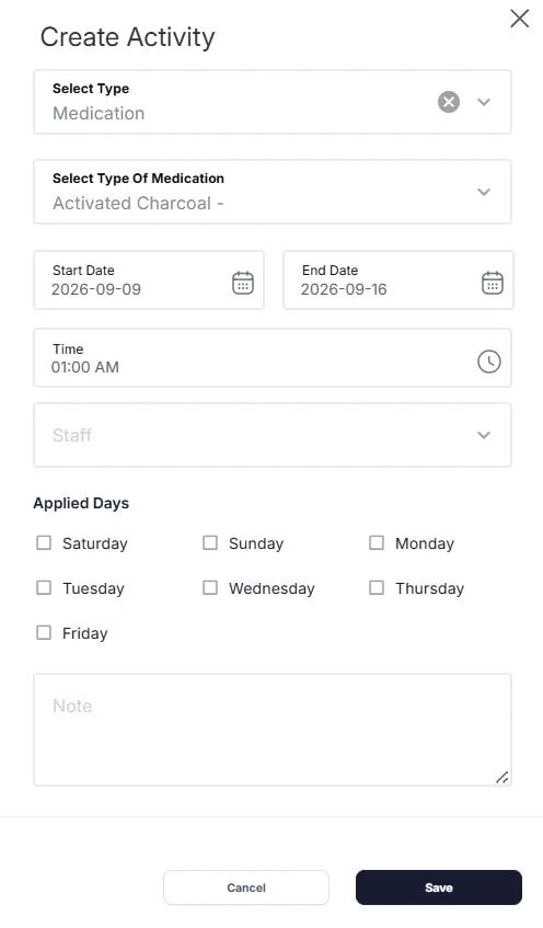 Treatment Plans, Creating an activity (scheduling a task)