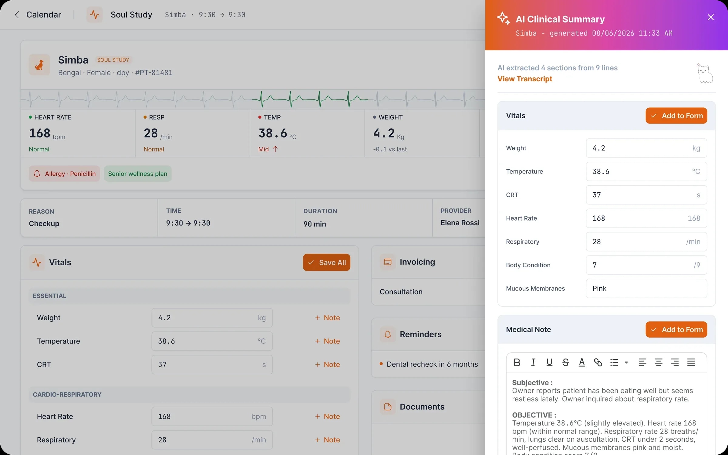 viggoVet in the consult room: the AI clinical summary drafting vitals and notes, alongside Digitail