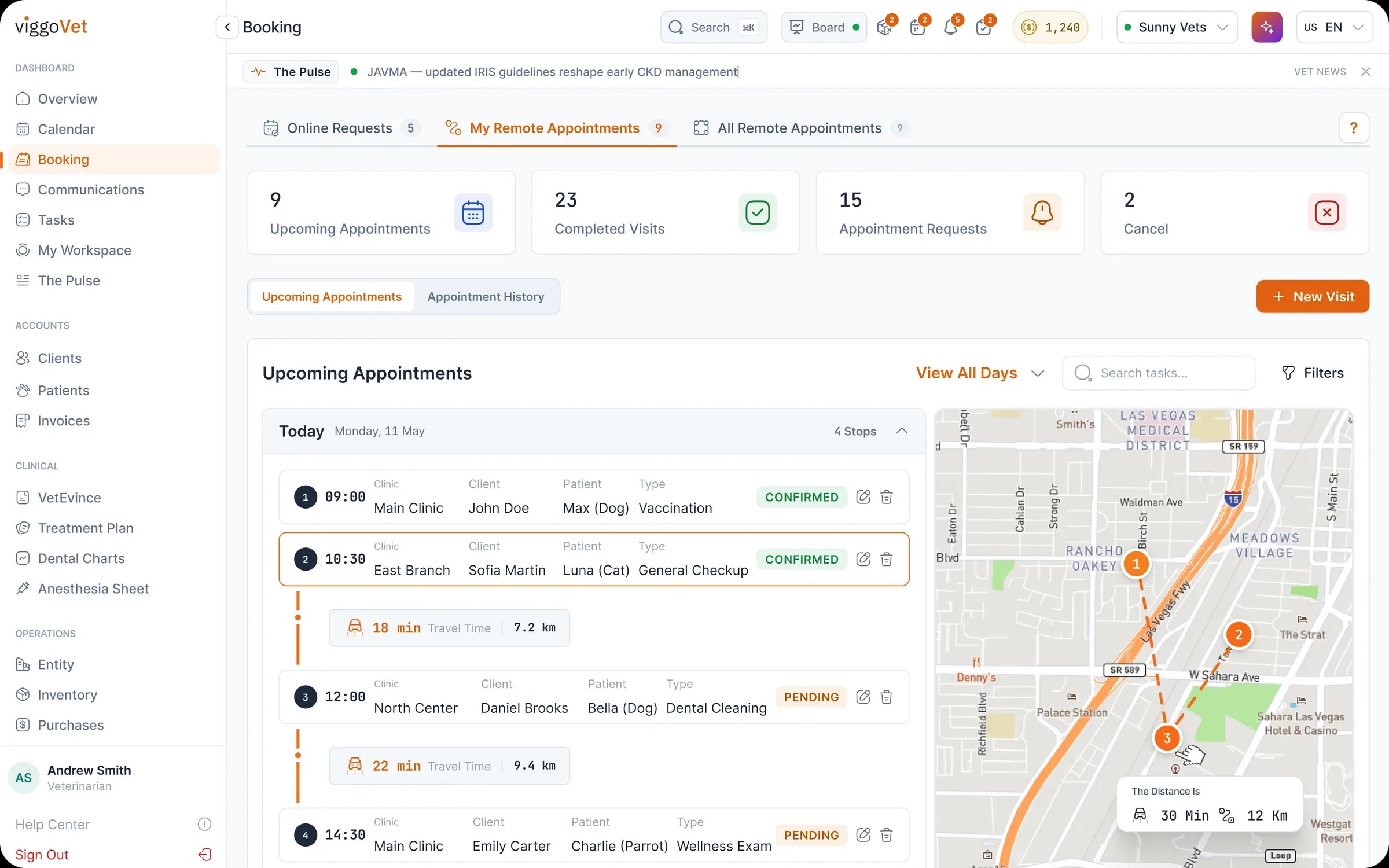 AI Remote Booking: a mobile vet’s day in driving order, with the route on the map