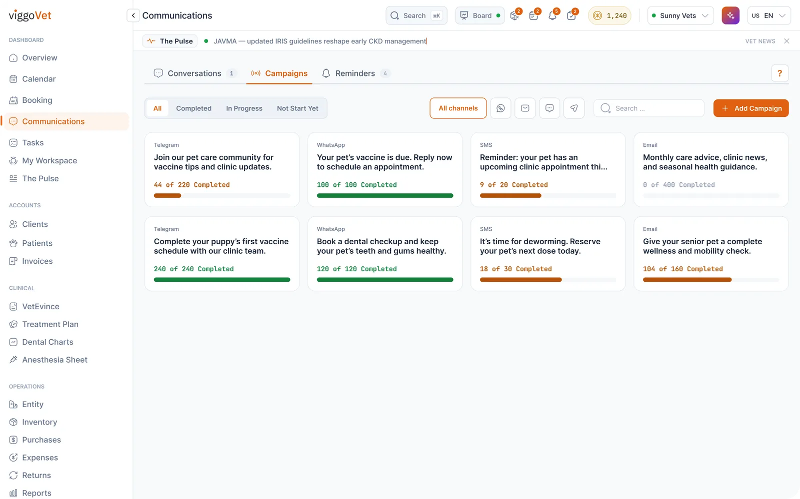 Client communication campaigns by WhatsApp, SMS, email and Telegram with completion rates