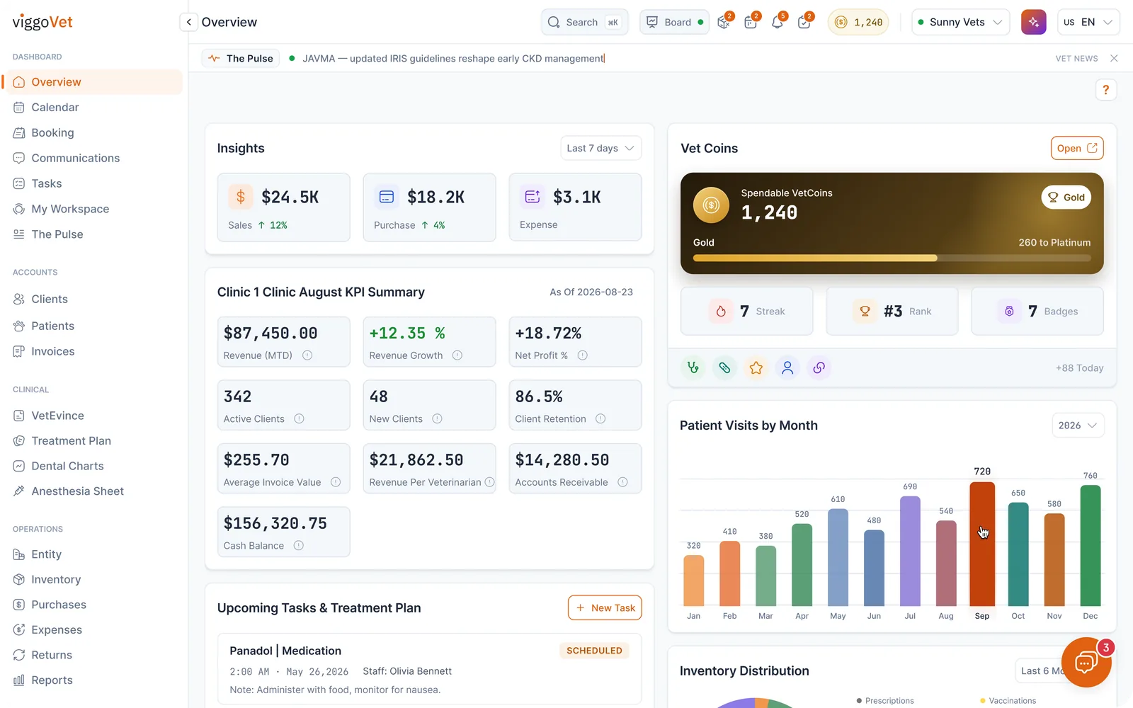 The practice dashboard: sales, purchases and expenses, the clinic KPI summary and patient visits by month
