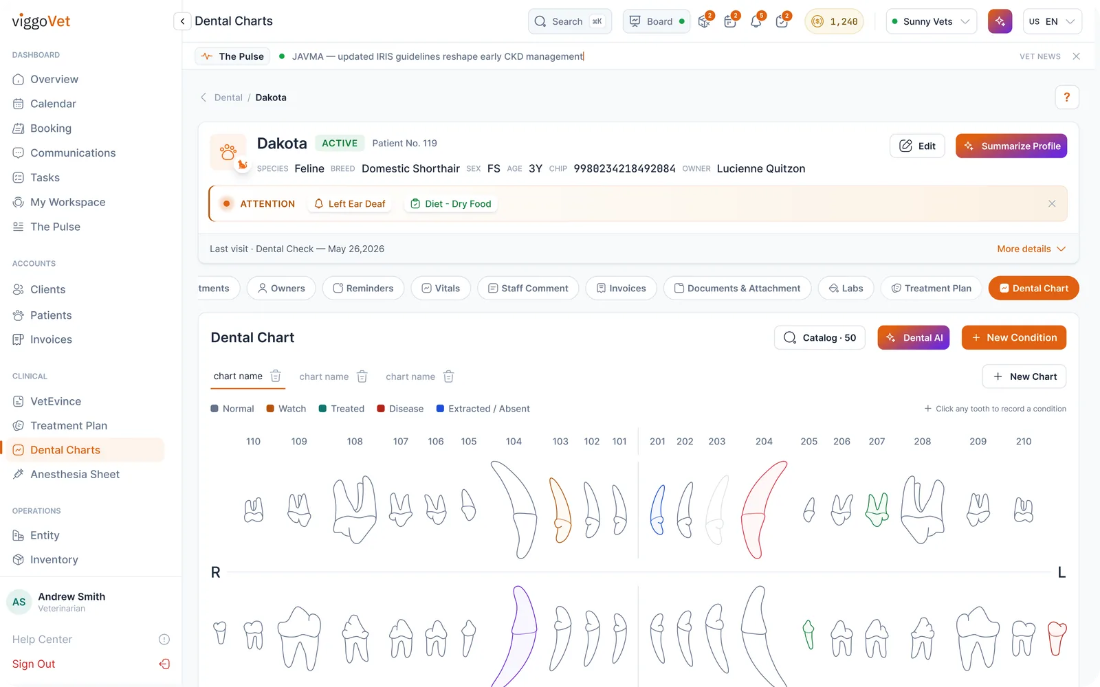 AI Dental Chart: the full-mouth chart with conditions marked tooth by tooth