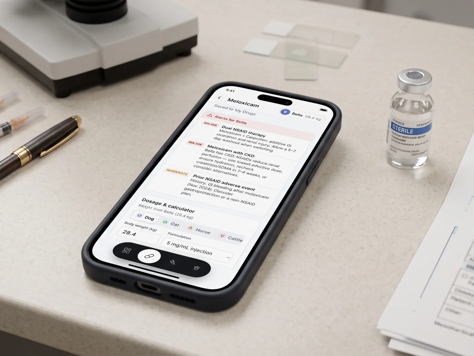 AI Drug Formulary on a phone: dosing by species with warnings, beside a vial on the clinic bench