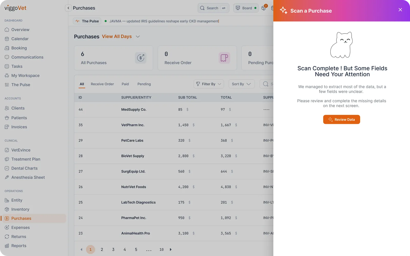 Scanning a supplier invoice: the AI extracts the purchase details and flags fields to check