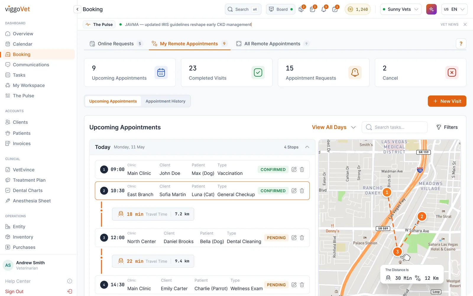 AI Remote Booking: the day’s house calls in order with drive times and the route on a map