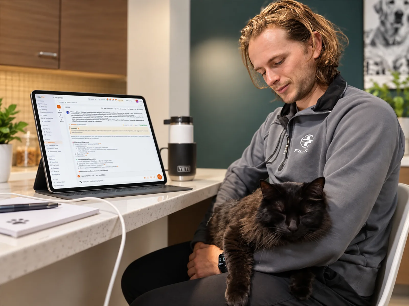 A veterinarian reading VetEvince on a tablet at a desk, with a cat asleep on their lap